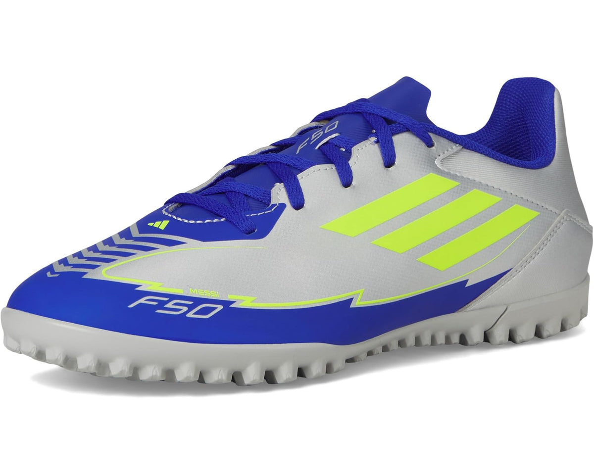 Unisex adidas F50 Club Turf Messi Soccer Cleats Silver Metallic/Solar Yellow/Lucid Blue