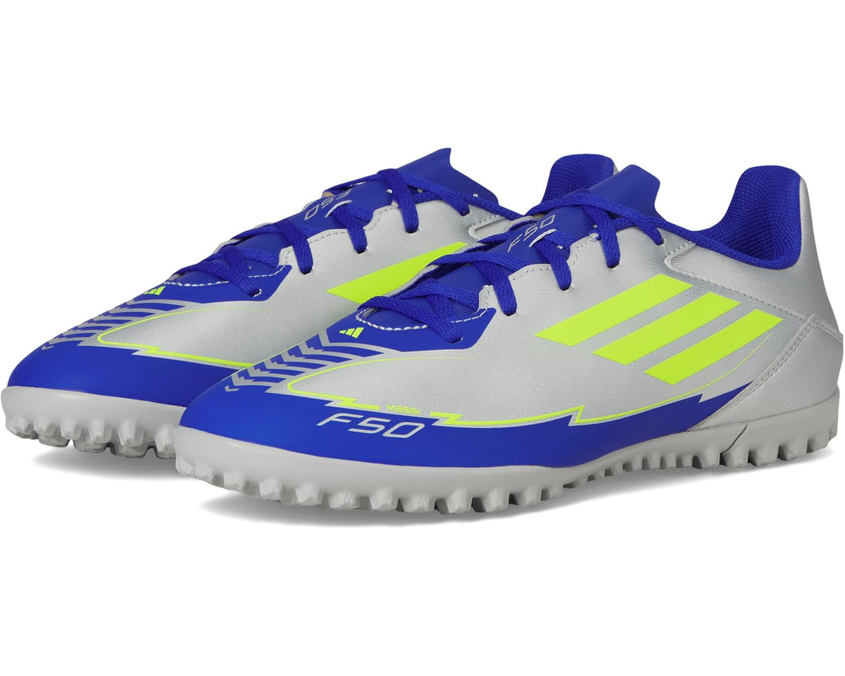 Unisex adidas F50 Club Turf Messi Soccer Cleats Silver Metallic/Solar Yellow/Lucid Blue