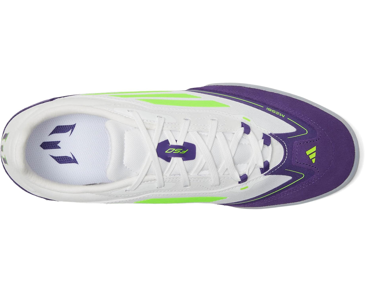 Unisex adidas F50 Freestyle 24 Messi Indoor Soccer Cleats White/Lucid Lemon/Unity Purple
