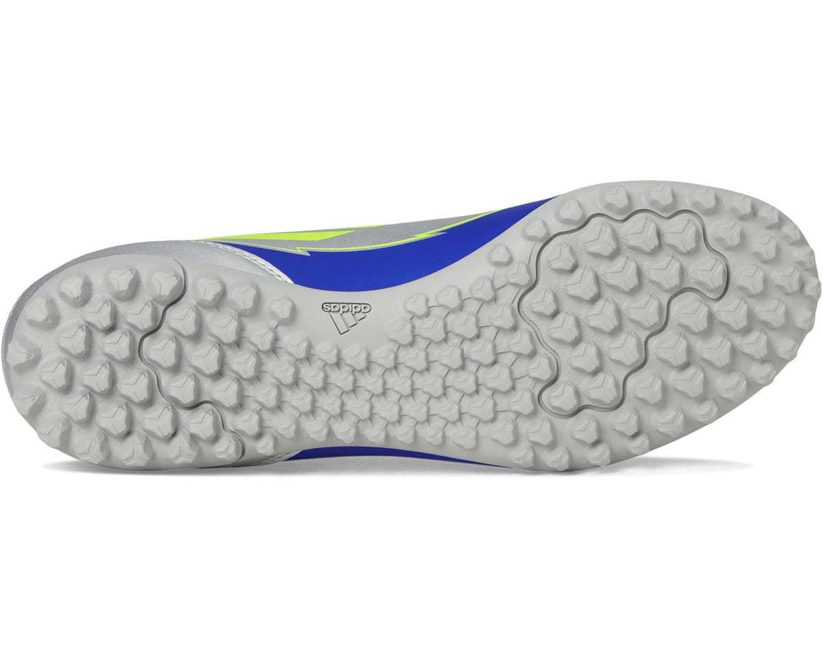 Unisex adidas F50 Club Turf Messi Soccer Cleats Silver Metallic/Solar Yellow/Lucid Blue