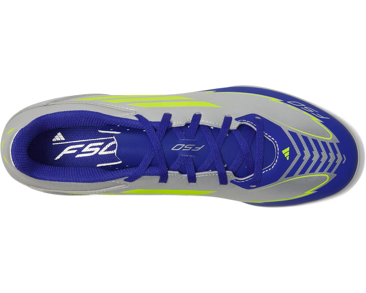 Unisex adidas F50 Club Turf Messi Soccer Cleats Silver Metallic/Solar Yellow/Lucid Blue