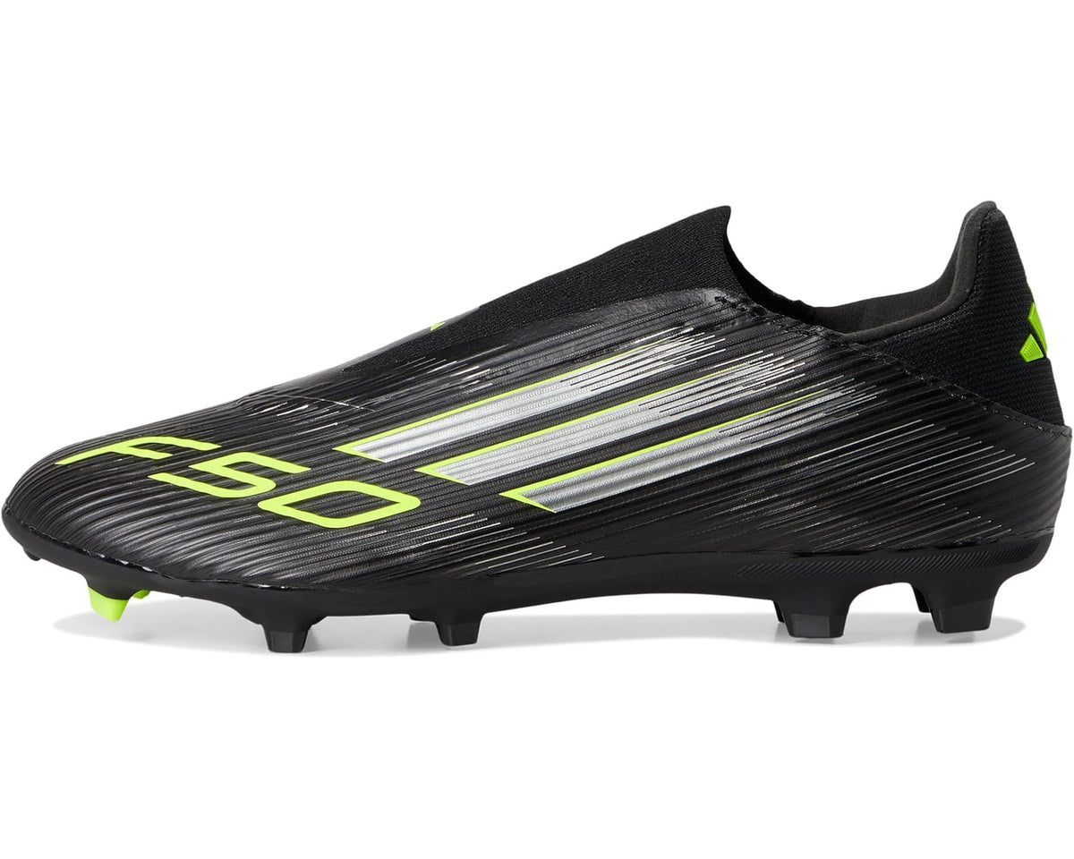 Unisex adidas F50 League Laceless Firm Ground Soccer Cleats Black/Iron Metallic/Lucid Lemon