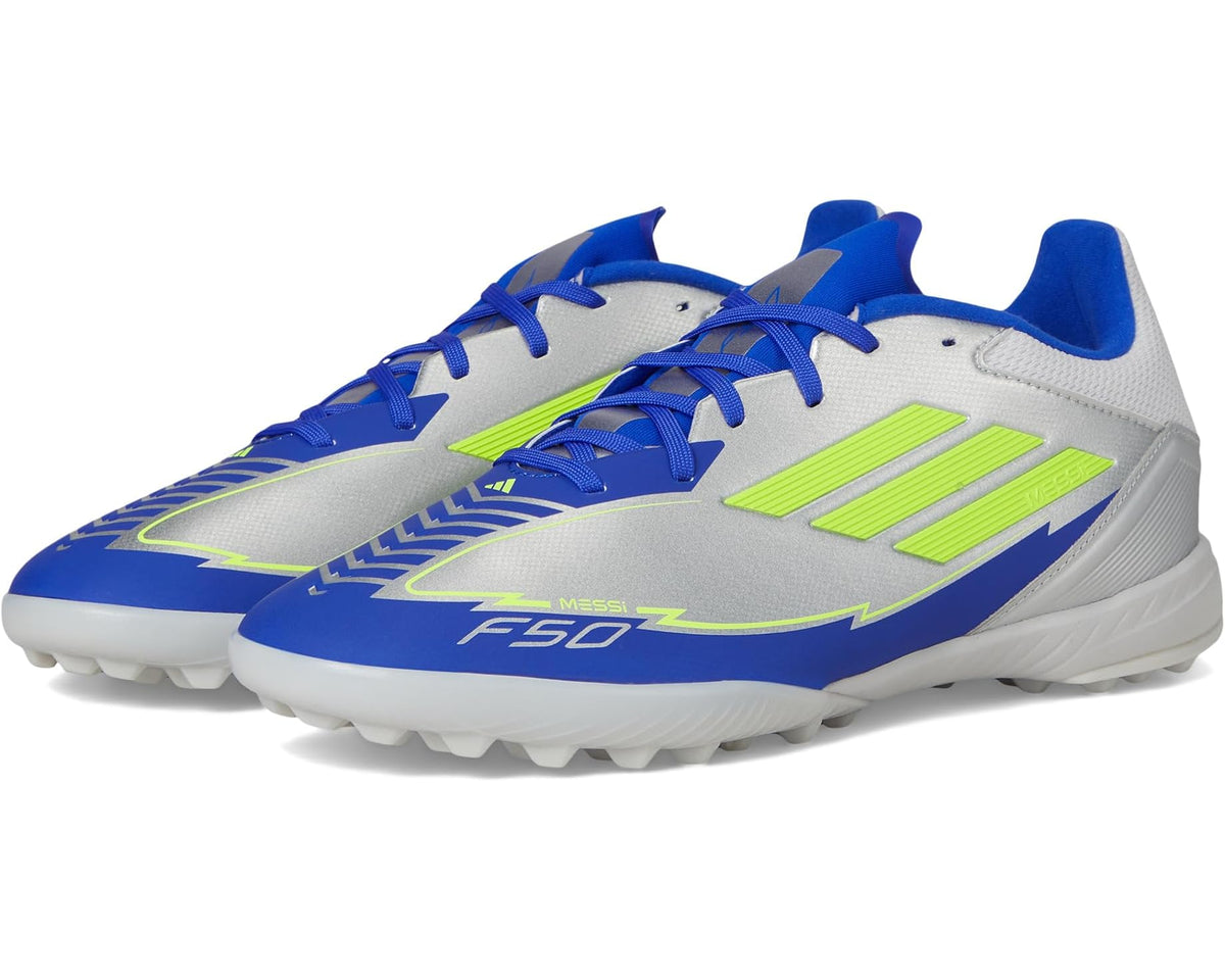 Unisex adidas F50 League Messi Turf Soccer Cleats Silver Metallic/Solar Yellow/Lucid Blue