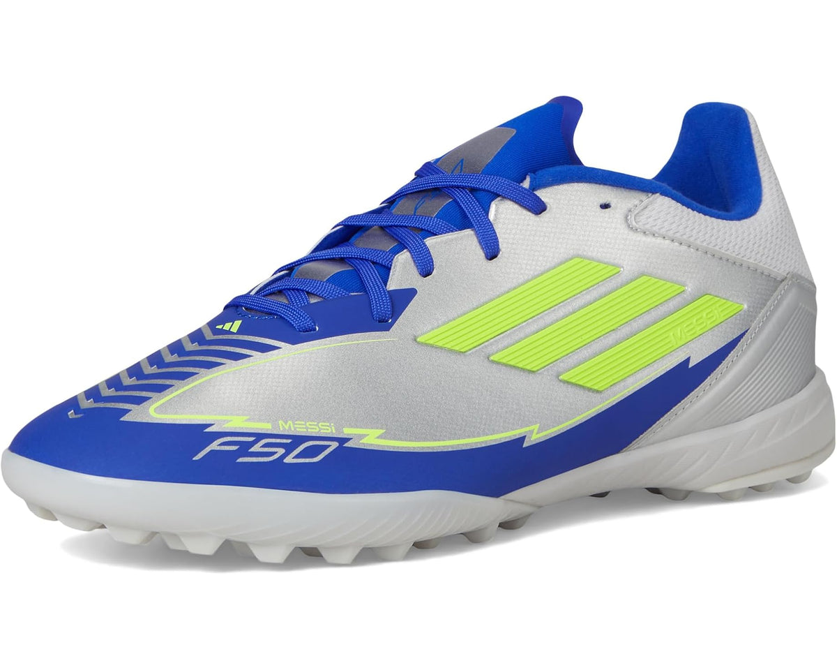 Unisex adidas F50 League Messi Turf Soccer Cleats Silver Metallic/Solar Yellow/Lucid Blue